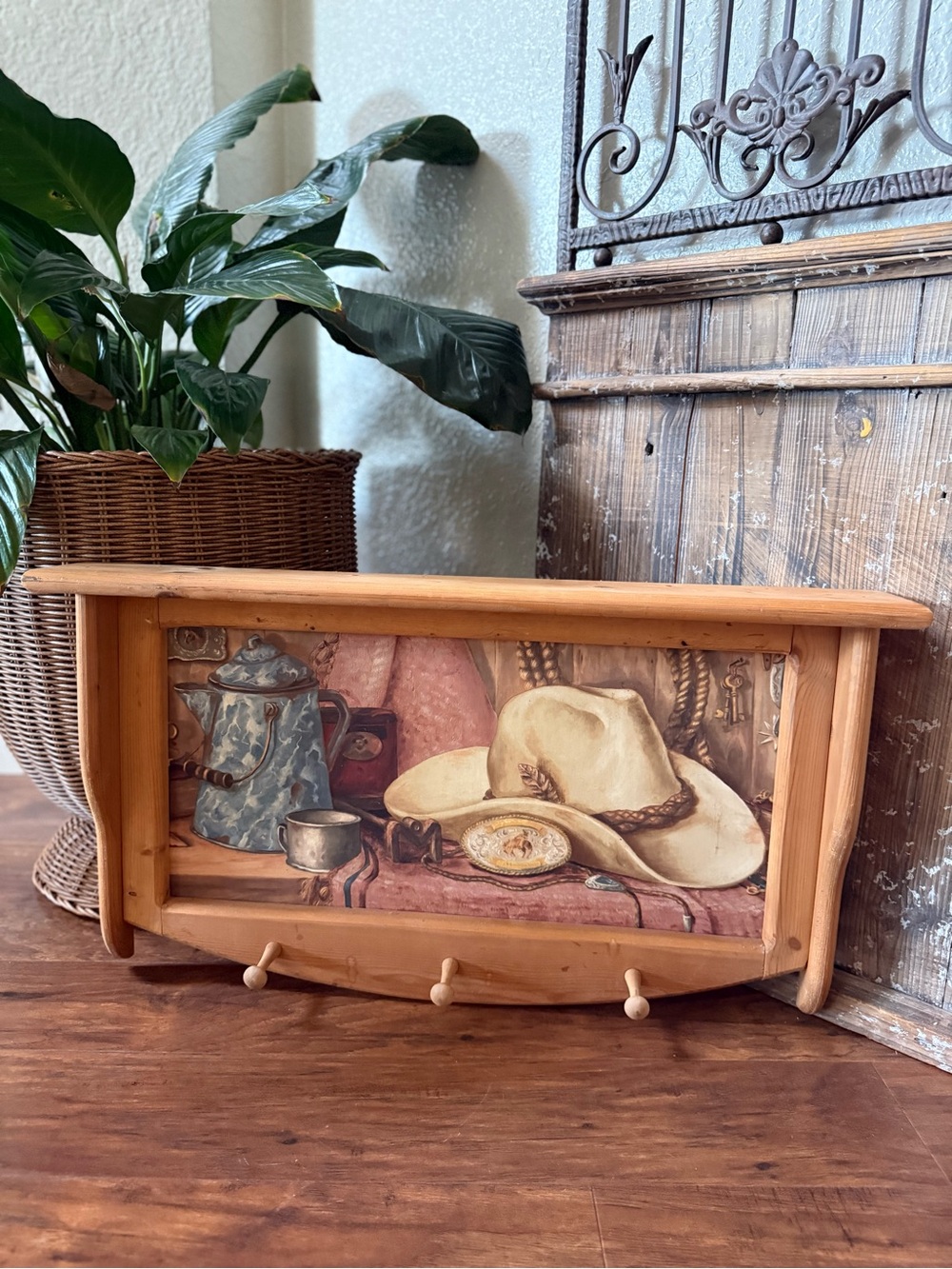 Rustic Wooden Wall Shelf Cowboy-Themed With 3 Hanging Pegs